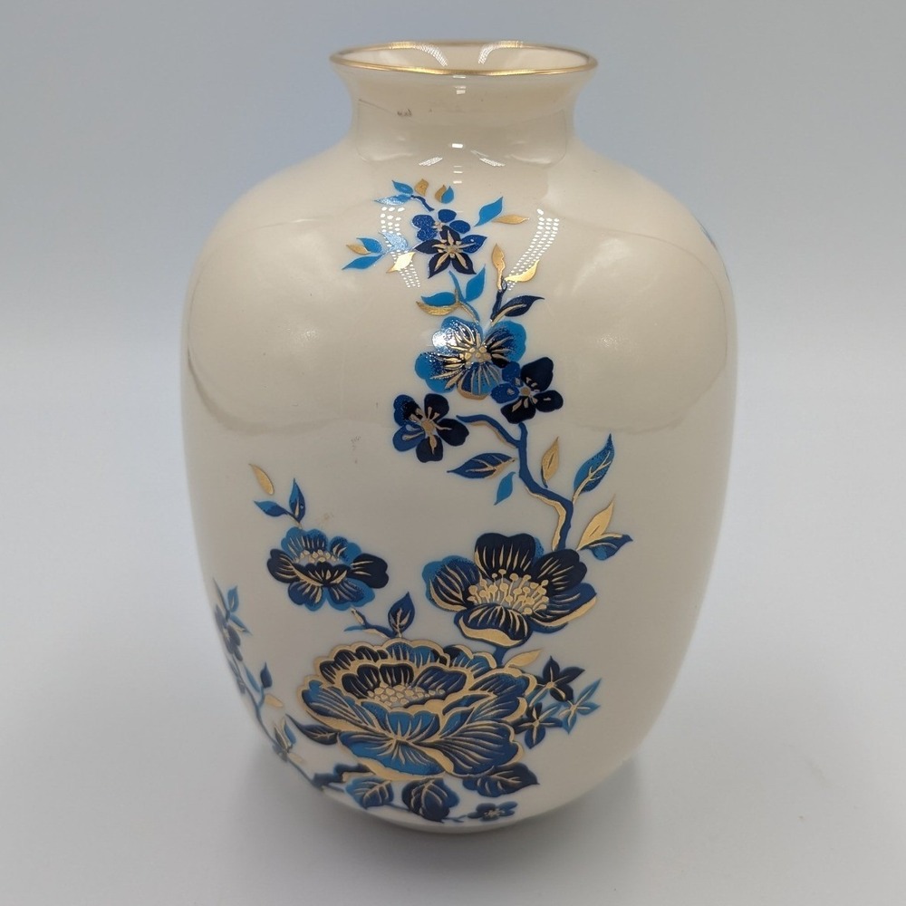 Lenox Pagoda Vase Ivory Porcelain Blue Gold Floral Chinoiserie
